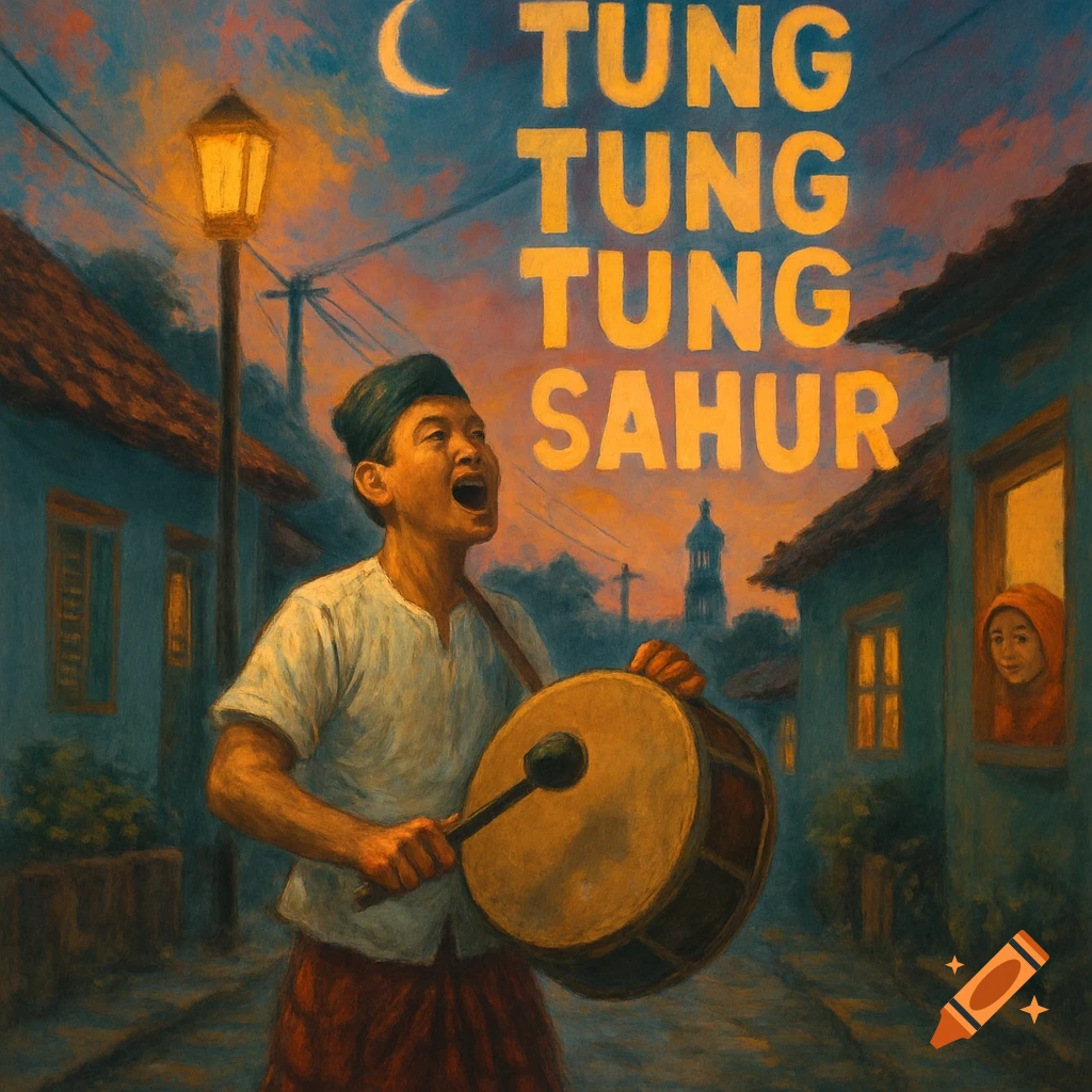 Traditional Indonesian sahur drummer
